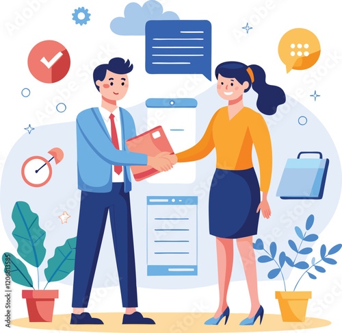 People shaking hands at work - Two businesspeople, man and woman doing handshake in office at work while smiling over business agreement and deal. Flat design stock illustration on white background