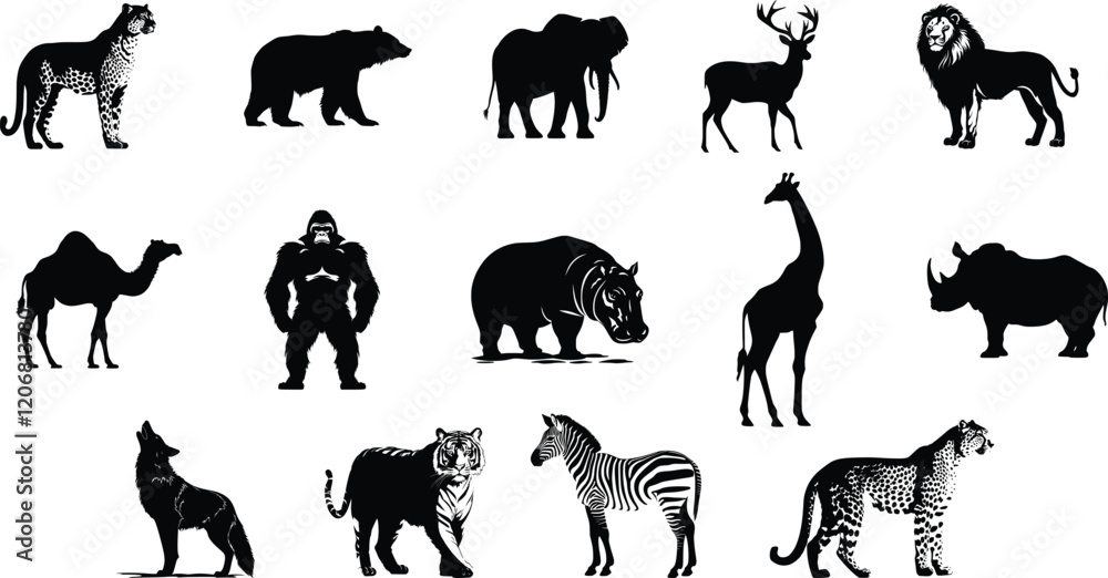 Naklejka premium Wild animals silhouette bundle, set of wild animals silhouette vector. Generative ai