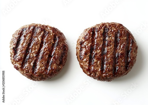 Two grilled beef patties on white background. (1) photo