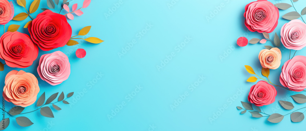 Colorful paper roses and leaves on blue background, creating vibrant floral frame, Blank background space for text Colorful paper roses and leaves on blue background, creating vibrant floral frame, Blank background space for text