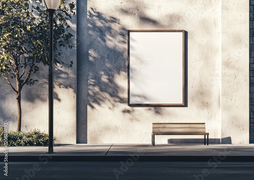 Quiet urban area with ad panel on wooden stand, surrounded by subtle greenery. photo