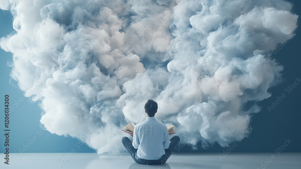 Man Contemplating the Clouds: A contemplative figure sits in a serene meditative pose, dwarfed by a swirling mass of ethereal clouds. Man Contemplating the Clouds: A contemplative figure sits in a serene meditative pose, dwarfed by a swirling mass of ethereal clouds.