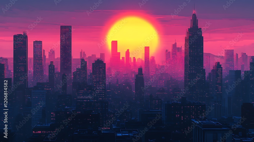 Fototapeta premium Urban skyline glowing under a vibrant setting sun