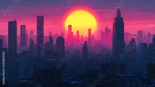 Urban skyline glowing under a vibrant setting sun