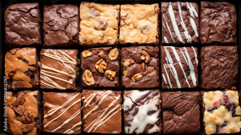 Assorted brownies arranged in a grid, showcasing various toppings and textures. Assorted brownies arranged in a grid, showcasing various toppings and textures.
