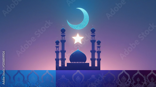 A symmetrical mosque silhouette with clean lines and a blue-to-purple ombre background