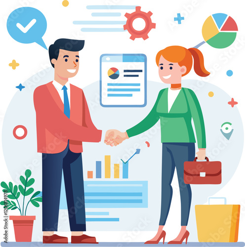 People shaking hands at work - Two businesspeople, man and woman doing handshake in office at work while smiling over business agreement and deal. Flat design stock illustration on white background