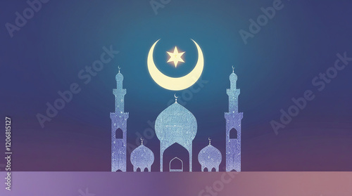 A symmetrical mosque silhouette with clean lines and a blue-to-purple ombre background