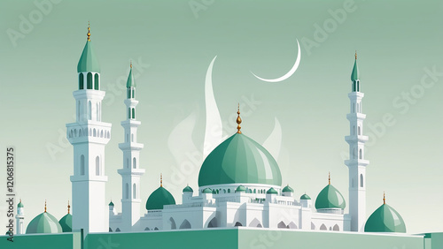 White Mosque Dome and Minarets with Green Gradient