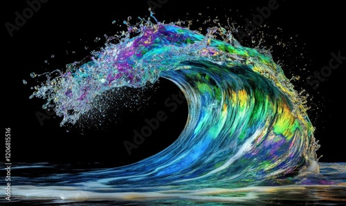 A colorful water splash shaped like a wave, mixed with vibrant hues of blue, green, and purple. The dynamic composition highlights the beauty and  motion against a black background.  photo