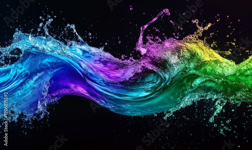 A colorful water splash shaped like a wave, mixed with vibrant hues of blue, green, and purple. The dynamic composition highlights the beauty and  motion against a black background. photo