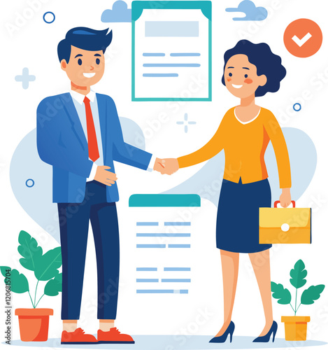 People shaking hands at work - Two businesspeople, man and woman doing handshake in office at work while smiling over business agreement and deal. Flat design stock illustration on white background