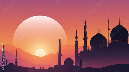 Crescent Moon and Mosque Silhouette with Sunset Gradient