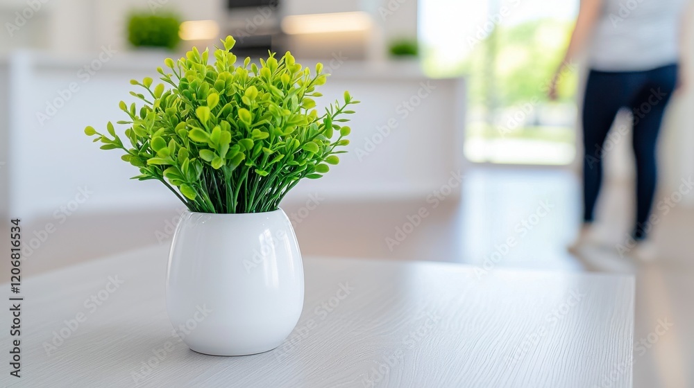 Indoor Plant in White Vase on Table in Modern Minimalist Kitchen Indoor Plant in White Vase on Table in Modern Minimalist Kitchen