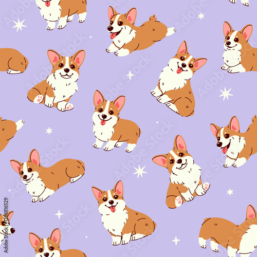 Seamless pattern with cute red corgis on a light purple background. Vector graphics.