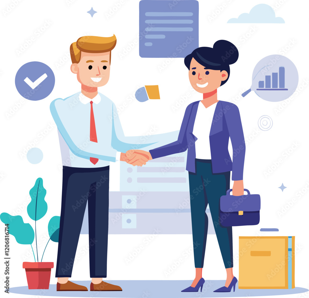 Obraz premium People shaking hands at work - Two businesspeople, man and woman doing handshake in office at work while smiling over business agreement and deal. Flat design stock illustration on white background