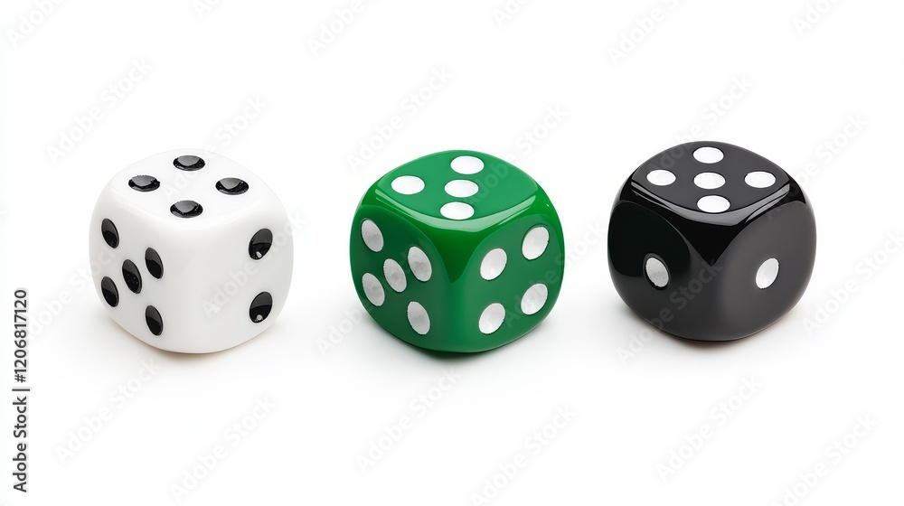 Colorful Dice Display Featuring White, Green, and Black Dice with Distinctive Pips on a Clean Background Perfect for Board Games and Gambling Themes Colorful Dice Display Featuring White, Green, and Black Dice with Distinctive Pips on a Clean Background Perfect for Board Games and Gambling Themes
