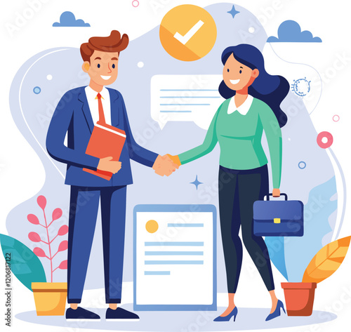People shaking hands at work - Two businesspeople, man and woman doing handshake in office at work while smiling over business agreement and deal. Flat design stock illustration on white background