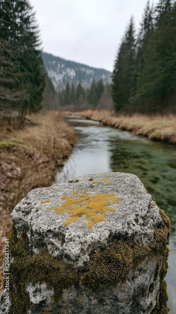 Mossy rock overlooking serene river in forest landscape