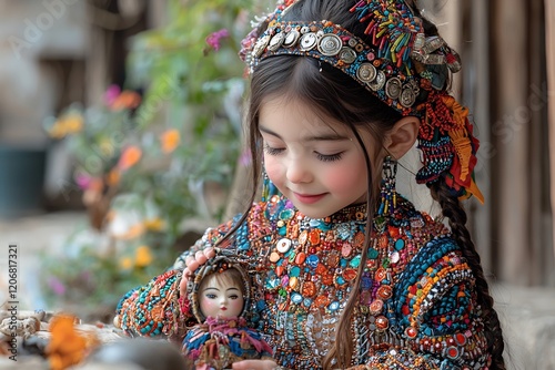 Young Kuchi girl wearing a traditional embroidered dress with coins and mirrors playing with a handmade doll outside her family's tent photo