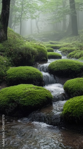 Magical forest creek flowing through mossy rocks in foggy weather