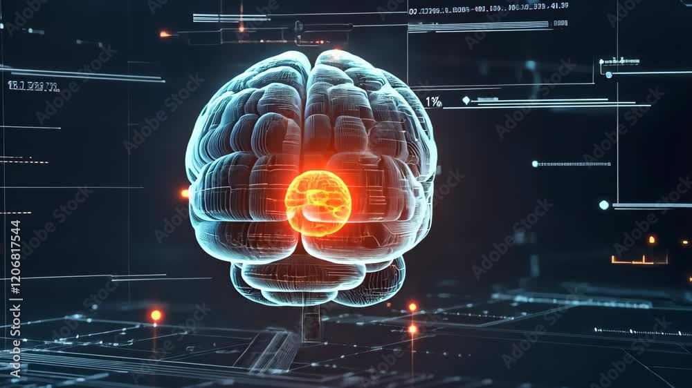 Digital representation of the human brain showcasing glowing neural connections in a futuristic environment, A digital representation of the human brain, with glowing circuitry and data flowing