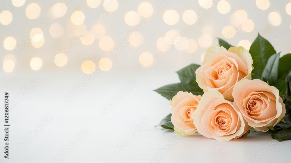 Beautiful arrangement of soft peach roses on a white surface with blurred bokeh lights creating a romantic and dreamy atmosphere for various occasions. Beautiful arrangement of soft peach roses on a white surface with blurred bokeh lights creating a romantic and dreamy atmosphere for various occasions.