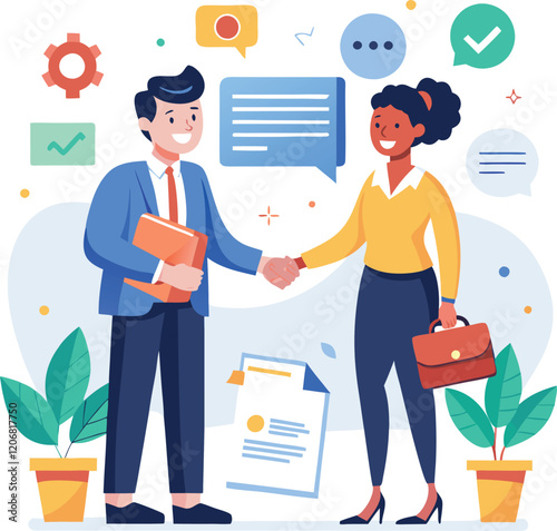 People shaking hands at work - Two businesspeople, man and woman doing handshake in office at work while smiling over business agreement and deal. Flat design stock illustration on white background