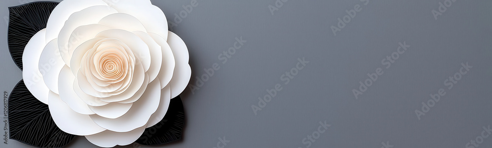 Paper cut layered white rose with black leaves on gray background, Blank background space for text Paper cut layered white rose with black leaves on gray background, Blank background space for text