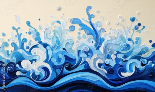 An abstract representation of water splashing in vibrant blue and white colors. The shapes of the splashes resemble intricate flowers and waves, set against a clean, gradient background  photo