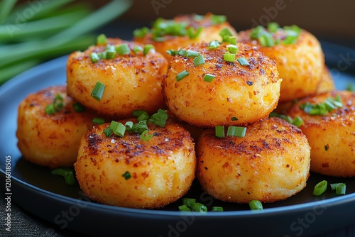 Fried potato pancakes sprinkled with chopped chives resting on dark plate photo