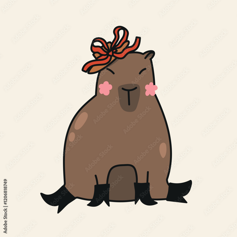 Fototapeta premium Cute hand drawn illustration with capybara dressed in boots and pretty hat with ribbon bow. Animal vector design object isolated on white. Template for package, gift card, ads design