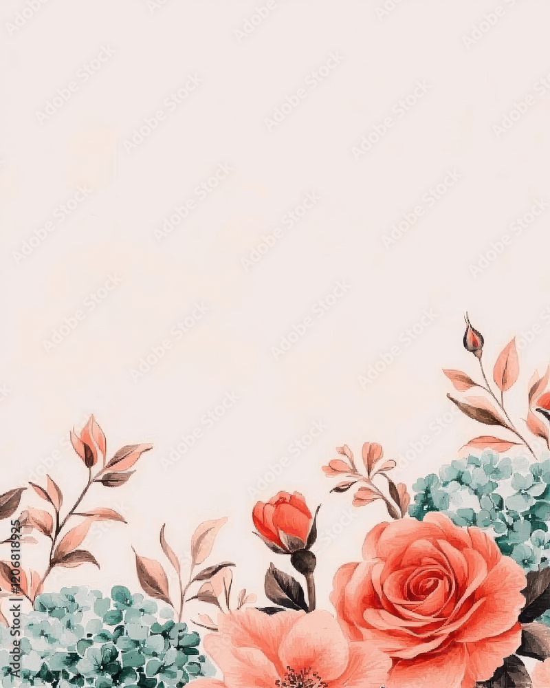 Obraz premium Elegant floral arrangement with coral roses and teal hydrangeas on soft background, Blank background space for text