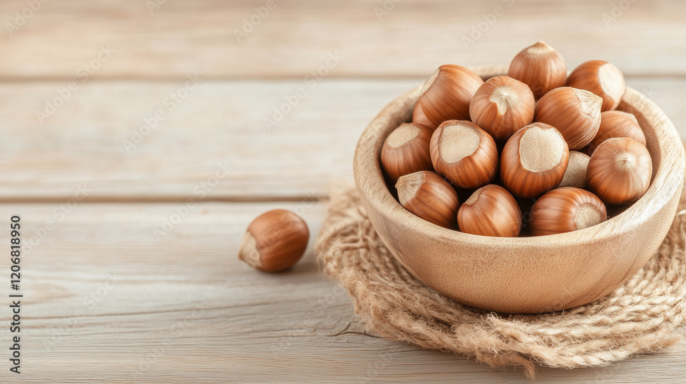 Hazelnut Harvest: A rustic wooden bowl overflows with a bountiful pile of hazelnuts, their smooth brown shells gleaming in the warm light. A few nuts spill onto the burlap placemat. Hazelnut Harvest: A rustic wooden bowl overflows with a bountiful pile of hazelnuts, their smooth brown shells gleaming in the warm light. A few nuts spill onto the burlap placemat.