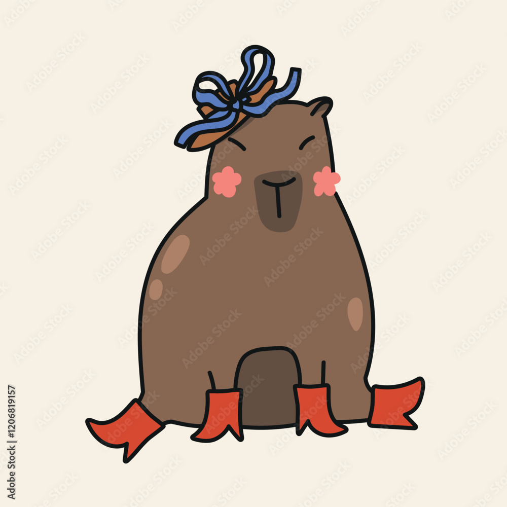Fototapeta premium Cute hand drawn illustration with capybara dressed in boots and pretty hat with ribbon bow. Animal vector design object isolated on white. Template for package, gift card, ads design