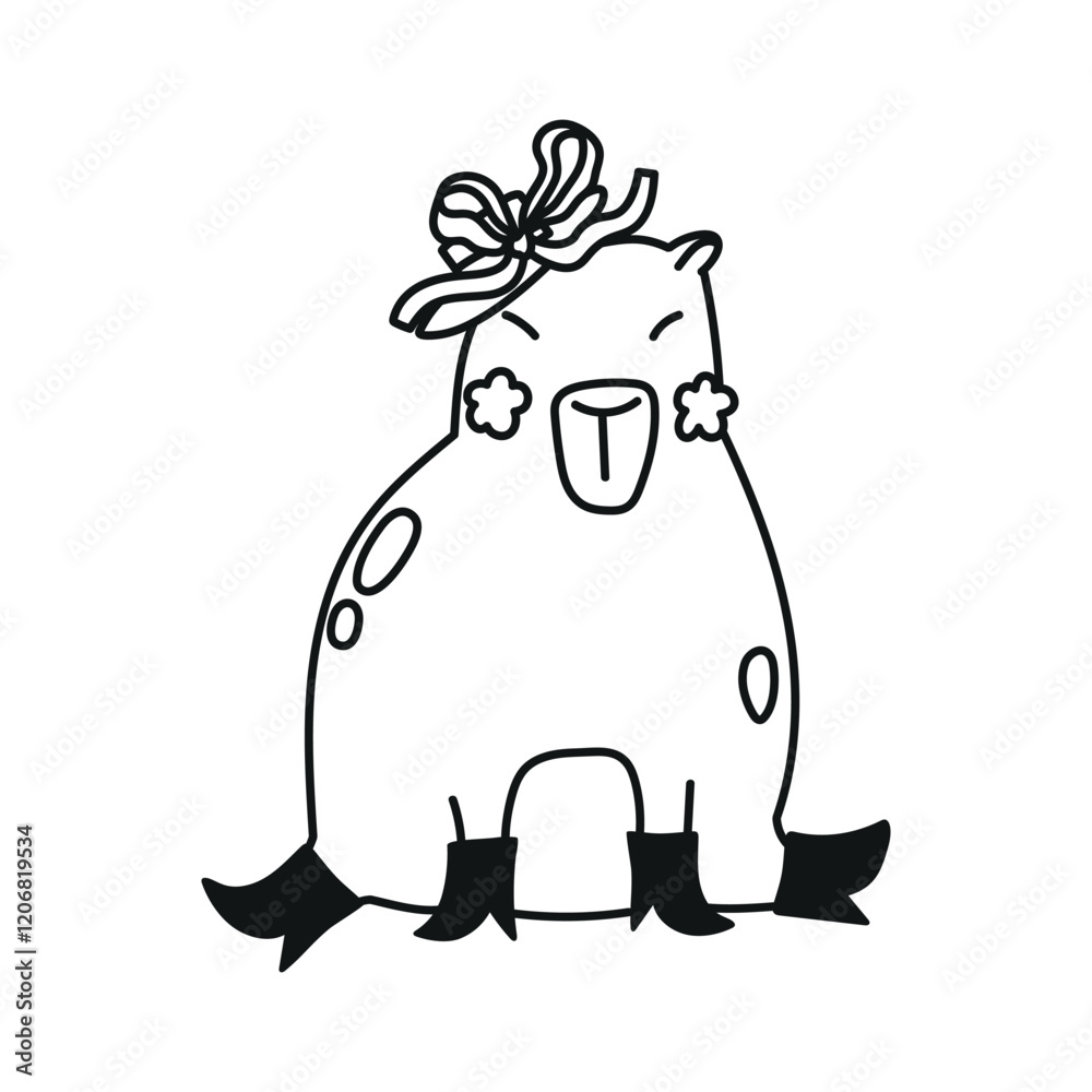Fototapeta premium Cute hand drawn illustration with capybara dressed in boots and pretty hat with ribbon bow. Animal vector design object isolated on white. Template for package, gift card, ads design