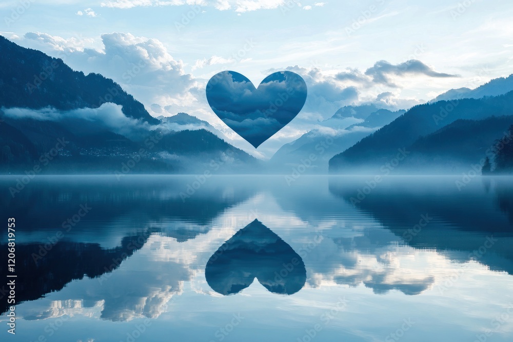 Fototapeta premium Heart-shaped cloud reflection in still lake, mountain silhouettes