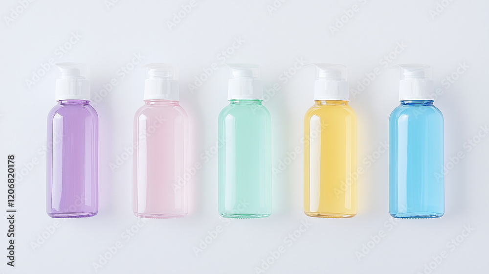 Pastel Hand Sanitizers: A minimalist flat lay of five pastel-colored hand sanitizers arranged in a neat row. The clear bottles with white pumps are set against a simple, minimalist background. Pastel Hand Sanitizers: A minimalist flat lay of five pastel-colored hand sanitizers arranged in a neat row. The clear bottles with white pumps are set against a simple, minimalist background.