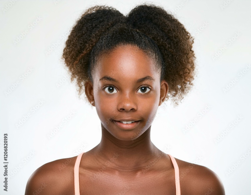 Close-Up Portrait of African Teenager with Loose Curls on White Background Close-Up Portrait of African Teenager with Loose Curls on White Background