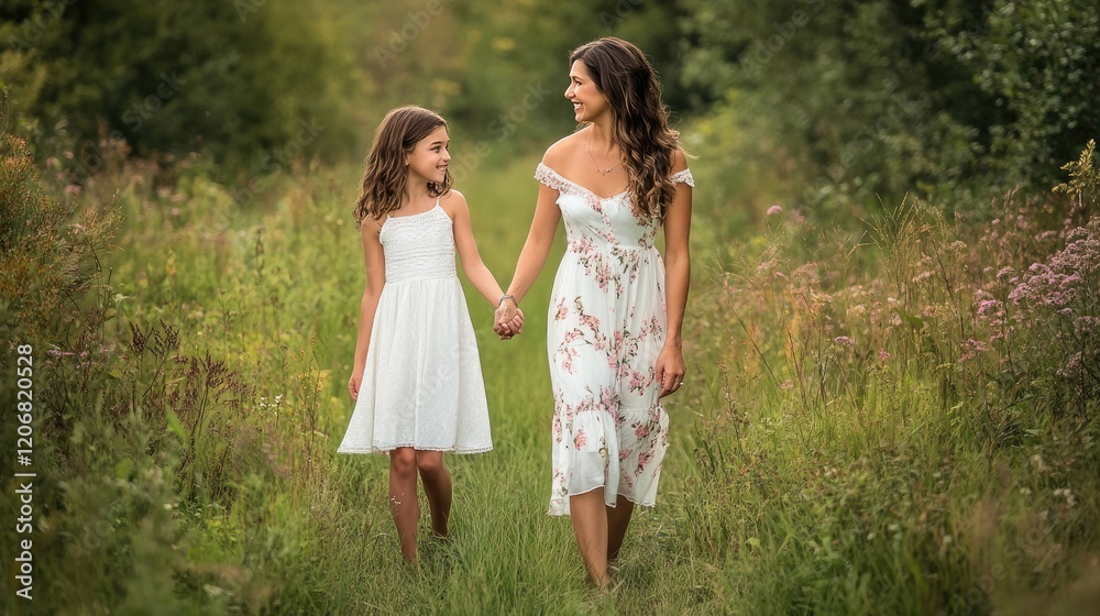 Mother and daughter walking together in a lush grass field, holding hands, embodying the concept of love, nurturing, and family. Mother and daughter walking together in a lush grass field, holding hands, embodying the concept of love, nurturing, and family.
