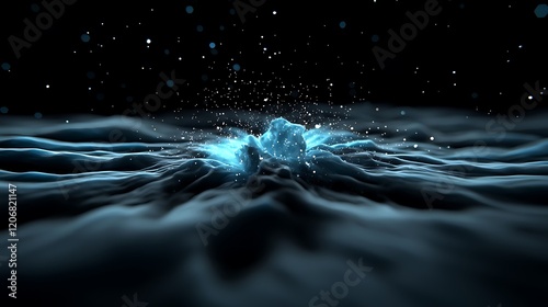 Abstract blue energy splash, dark background, glowing particles, digital art, science fiction visuals