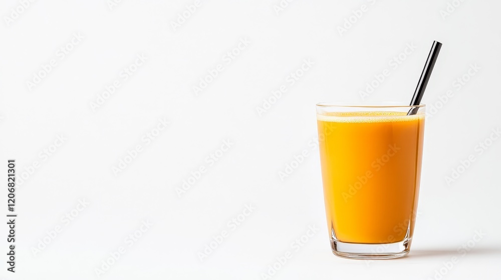 Refreshing and Vibrant Orange Juice in a Transparent Glass with a Straw Against a Minimalist White Background for Summer Drink Promotions Refreshing and Vibrant Orange Juice in a Transparent Glass with a Straw Against a Minimalist White Background for Summer Drink Promotions
