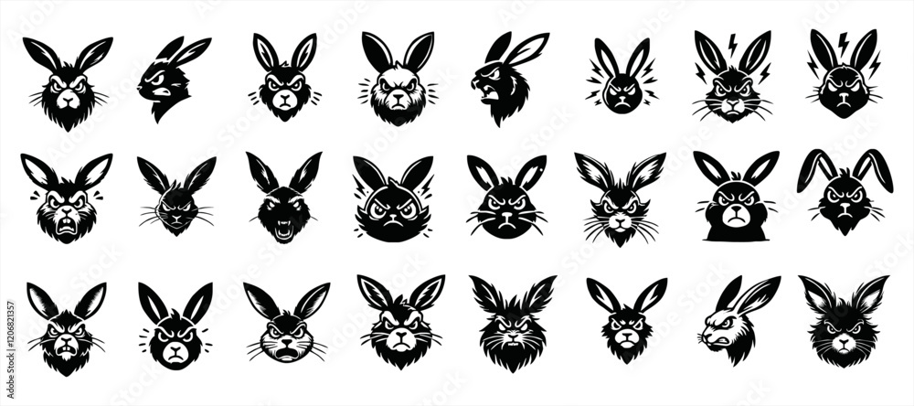Obraz premium Set of rabbit heads with open mouth and bared fangs, with different angry expressions of the muzzle. Symbols for tattoo, emblem or logo, isolated on a white background.
