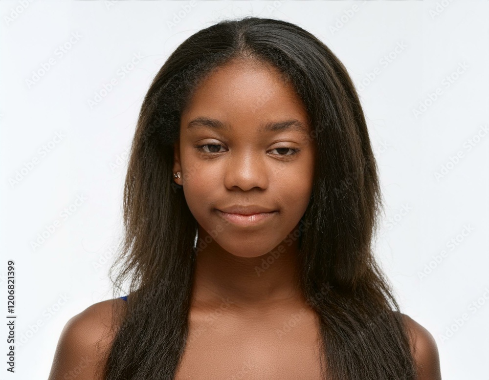 Portrait of African Teenager with Defined Defined Long Natural Hairstyle on White Background Portrait of African Teenager with Defined Defined Long Natural Hairstyle on White Background