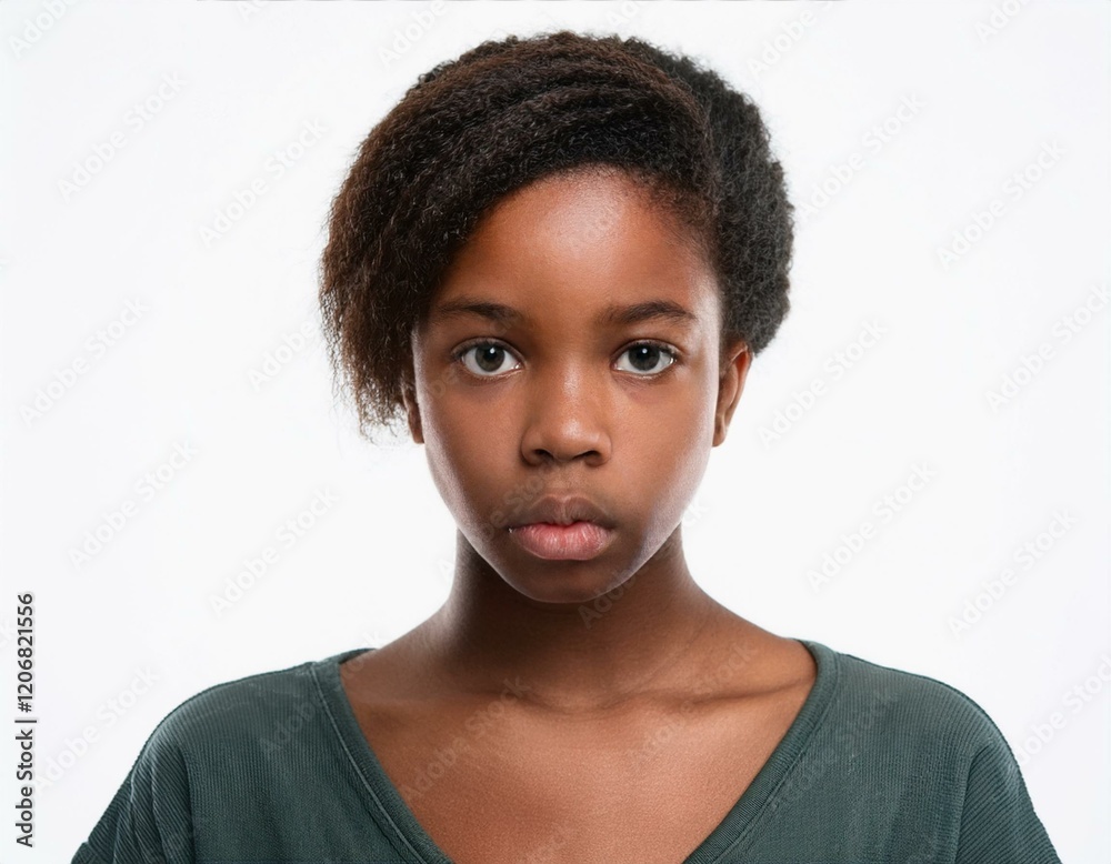 Portrait of African Teenager with Defined Defined Tightly Curled Braids on White Background Portrait of African Teenager with Defined Defined Tightly Curled Braids on White Background