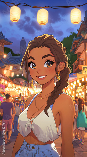 Vibrant lantern evening bustling anime street market expressive character warm lighting festive atmosphere cultural element asia japanese girl woman female summer smile wallpaper lofi music cover photo