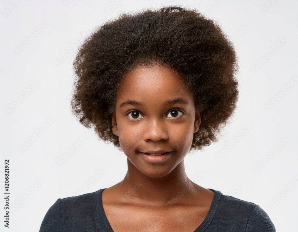 Studio Portrait of African Teenager with Defined Defined Defined Defined Natural Curly Bob on White Background Studio Portrait of African Teenager with Defined Defined Defined Defined Natural Curly Bob on White Background