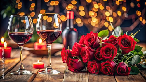Crimson roses, flickering candlelight, and a rich red wine set a romantic Valentine's Day scene.