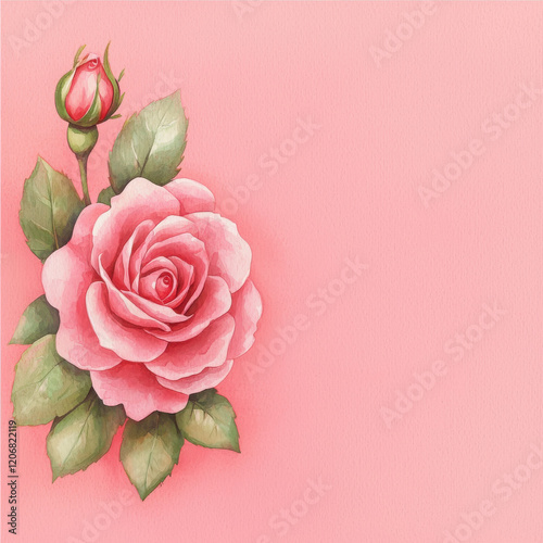 Wallpaper Mural Pink watercolor rose with green leaves on pastel background, elegant floral art, Blank background space for text Torontodigital.ca