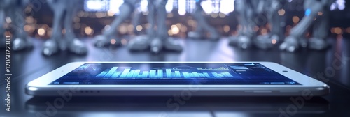 Glowing iPad Displays Financial Charts: Abstract Marketing Background for Shopping Festival. Dynamic Curves, Blue-Purple Light Streams, Transparent Architecture, Snowy Mountains, and Geometric Shapes 
